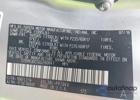 2016 Toyota Sienna Xle 8 Passenger из США, поврежденный, VIN 5TDYK3DC5GS760841